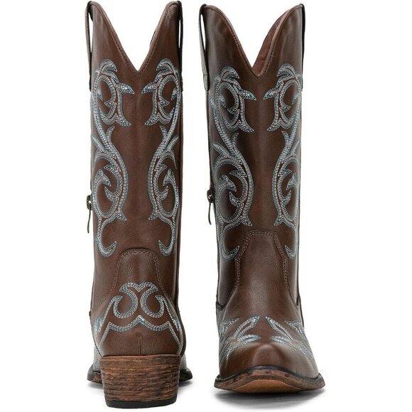 ⭐Round Toe Embroidered Mid High Wide Calf Chunky Pull on Boot Inside Zipper💫 - Picture 3 of 8